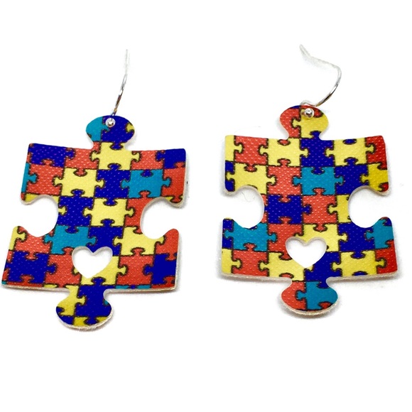 Autism Awareness Vegan Leather Puzzle Earrings - Picture 1 of 3